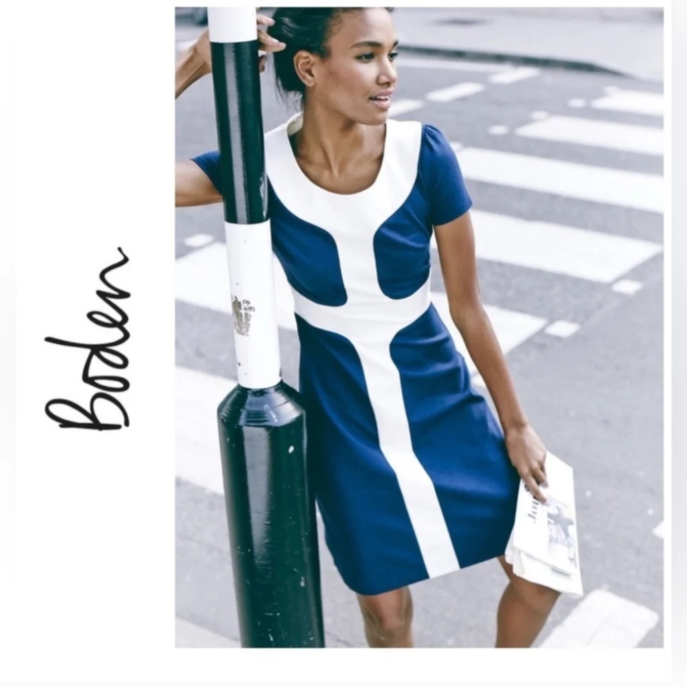 Boden Navy Knee Length Dress with a White Crisscross Paneled Design; Size 12L